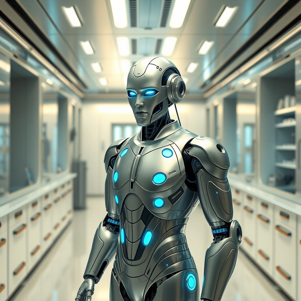 A futuristic humanoid robot in a high-tech lab showcasing AI robotics advancements